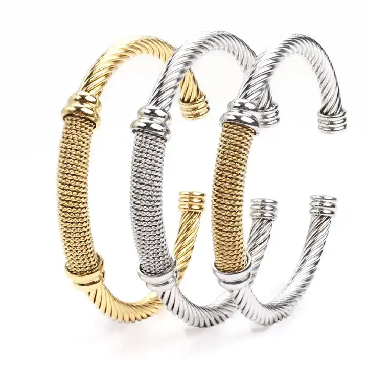

Romantic Stainless Steel Cable Cuff Adjustable Bracelet Wire Rope Twisted Gold Plated Bangles Jewelry with Iron Mesh