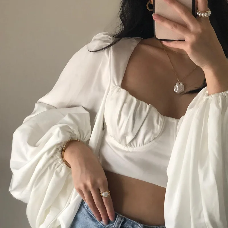 

2021 new arrivals sexy ins style bishop sleeve ladies' blouses crop top vintage summer backless white women blouse, Pic