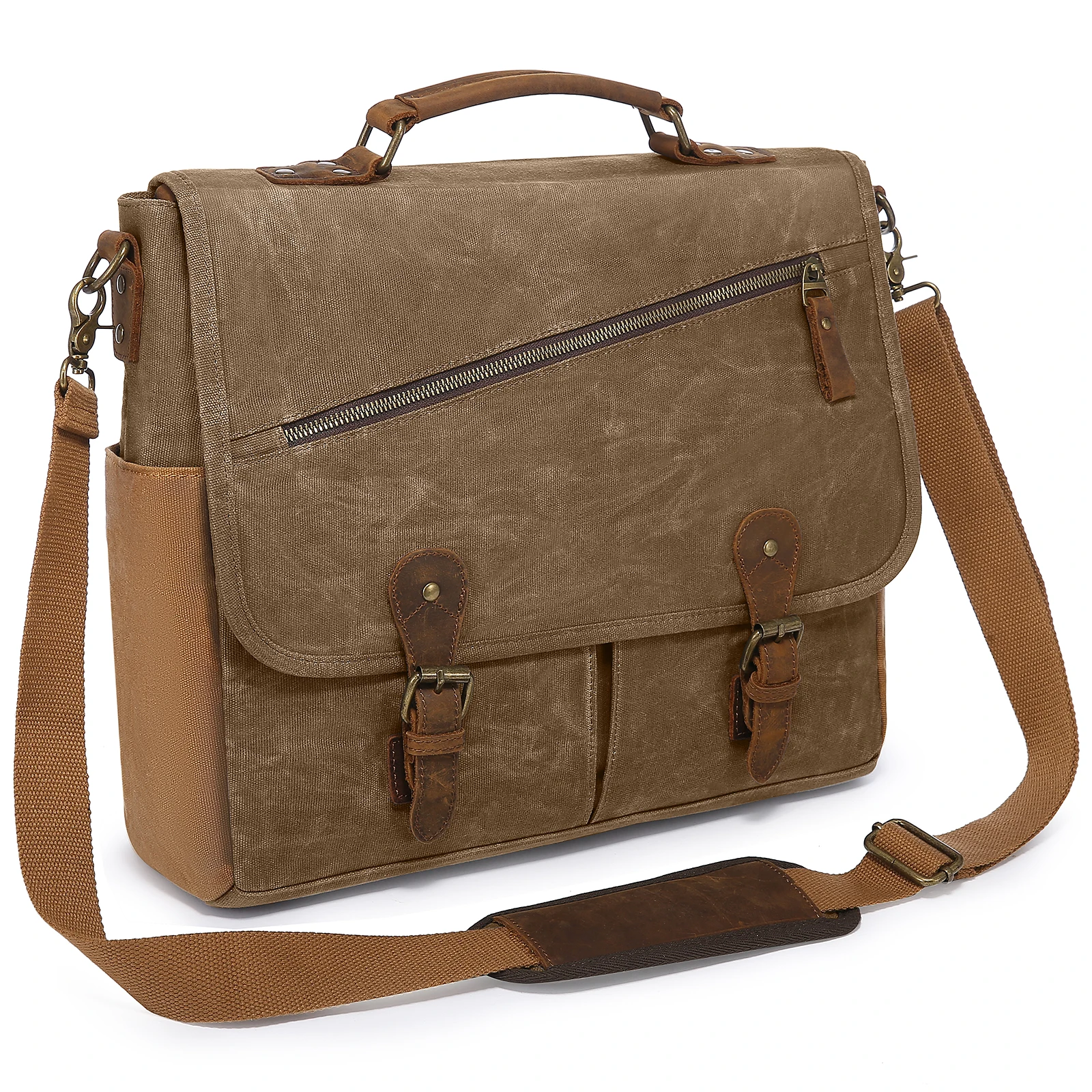 

Lovevook 15.6'' Vintage Leather Laptop Book Bag Satchel Bag for Work Travel School Waterproof Canvas Briefcase Men Messenger Bag