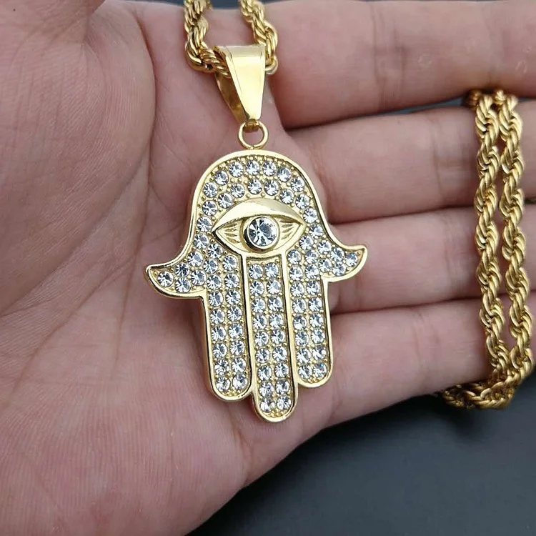 

Hip Hop 18K Gold Plated Pendant Necklace Bling crystal Diamond Hand Pendant Stainless Steel Hand of Fatima Pendant For Men