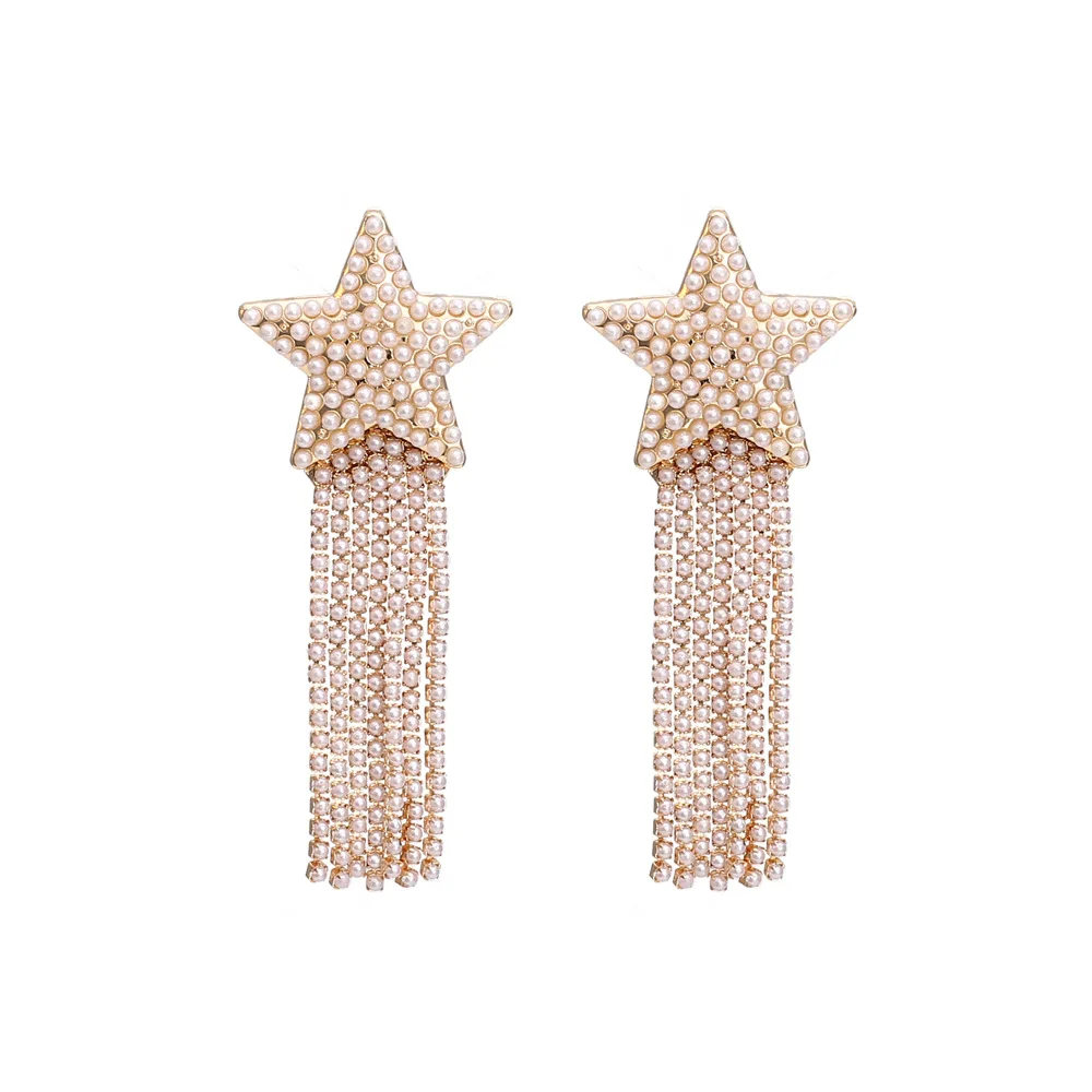 

Fashion Colorful Crystal Star Long Tassel Drop Earrings Women Pearl Earring Wholesale (KER485), Same as the picture