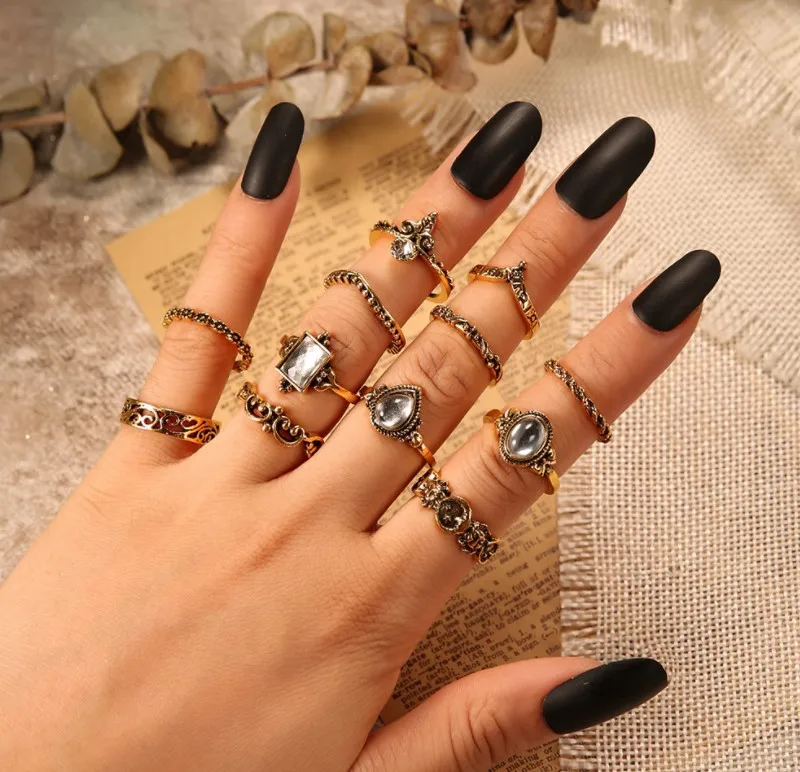 

New vintage gem ring sunflower sun hollowed-out flower joint 11 pcs/set rings, Gold