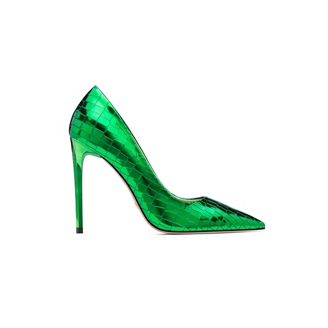 

Hot selling brightt green cabrite shoe design pointed toe high heel ladies shoes