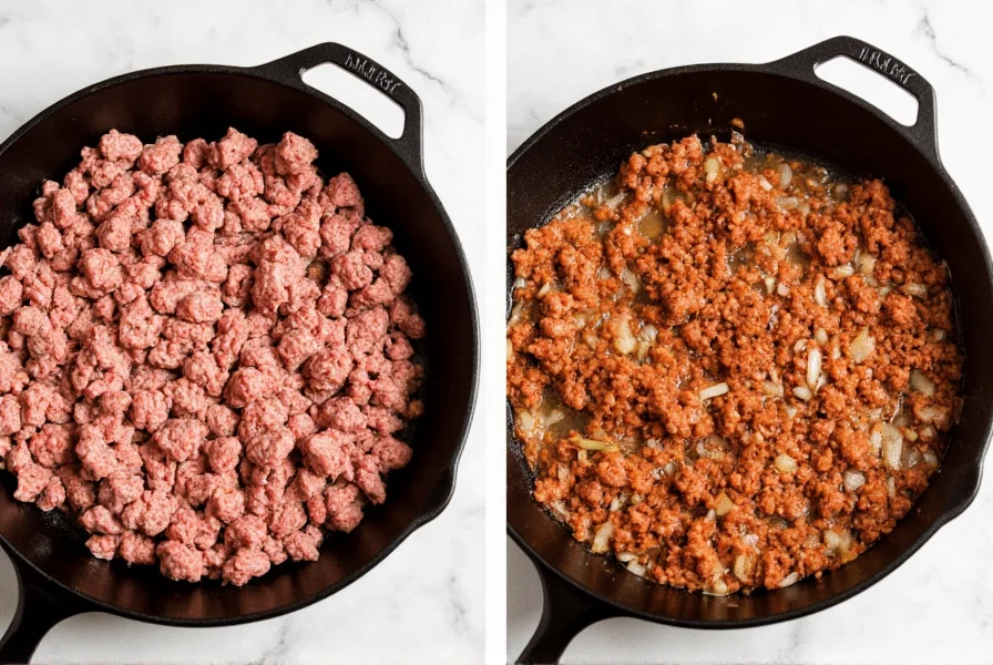 Step-by-step preparation of homemade chili for hot dogs showing ground beef browning in skillet with onions and spices