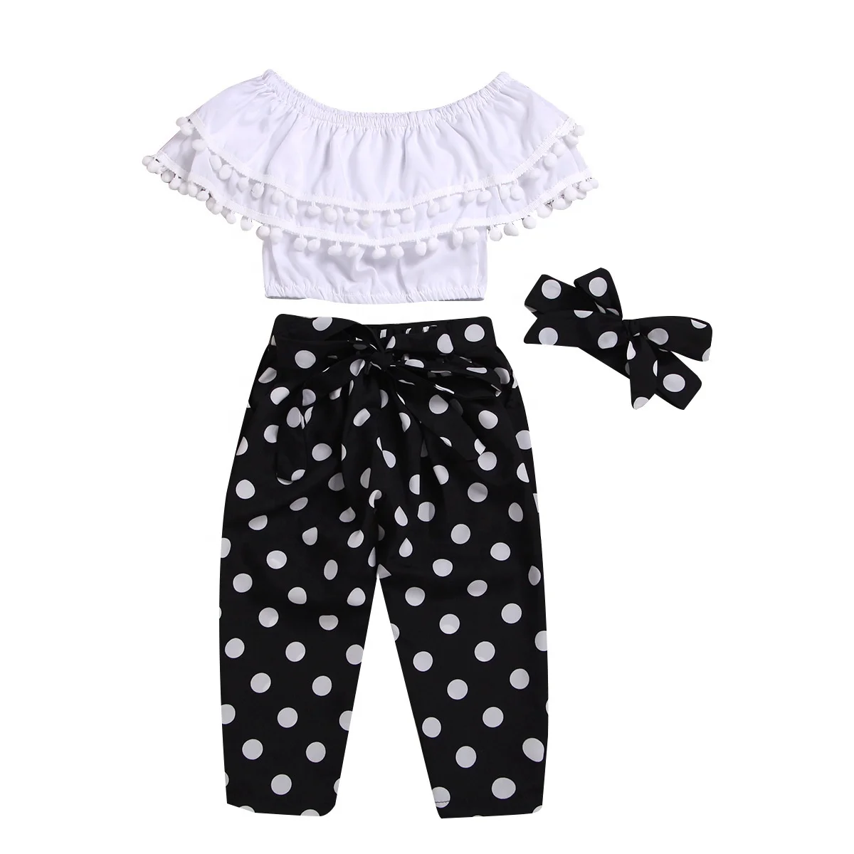 

Wholesale Bulk Children Kids Clothing Girls Top T-Shirt + Dot Long Pants Clothes With Headband