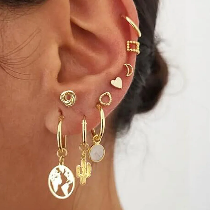 

5696 Mixed Mini Heart Moon Stud Earrings Set Fashion Gold Plated Huggie Hoop Earring for Women