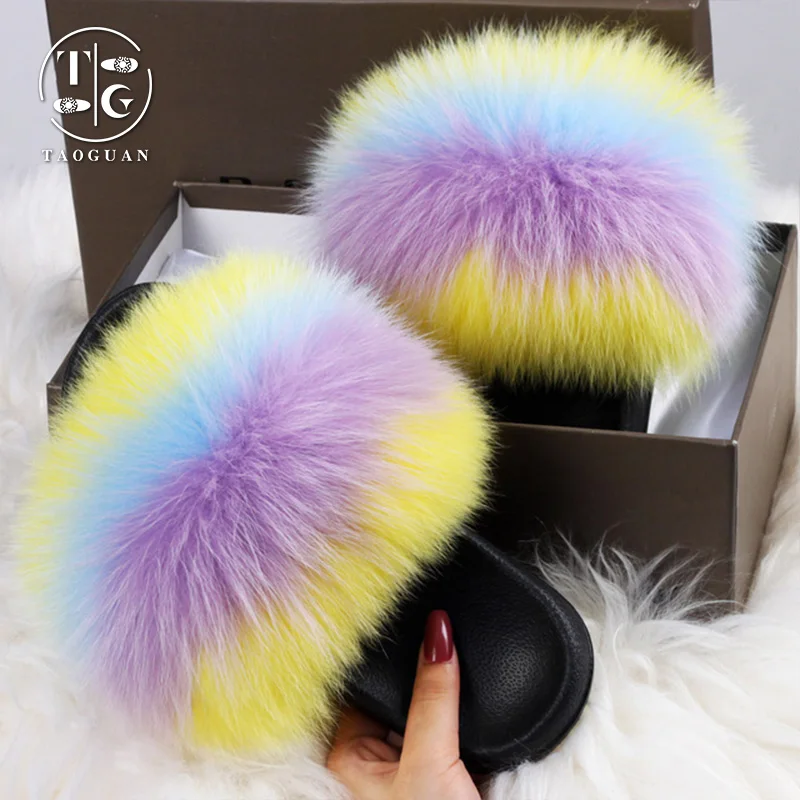 

2021 summer out wear black girl furry fuzzy real fox fur slides quality true size wholesale fluffy women's slippers, Customized color