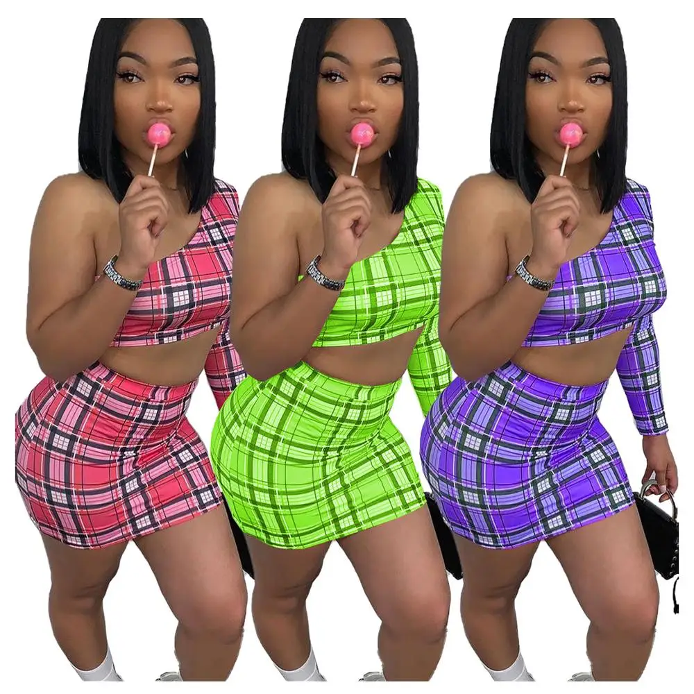 

fashion design plaid print one-shoulder crop top mini skirt two piece set hot sexy women summer clothes, As photo showed