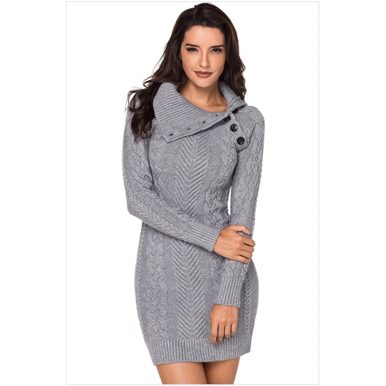 

New women's solid-color lapel long-sleeved rib sweater dress