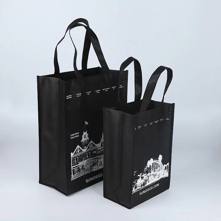 

Wholesale promotion cheap recycled reusable custom logo printed black non woven shopping tote bag, Customized color