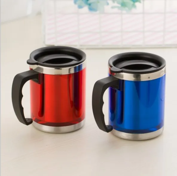 

Customized Double Wall Steel Mug with handle, Blue and Red Travel Coffee Mug Cups