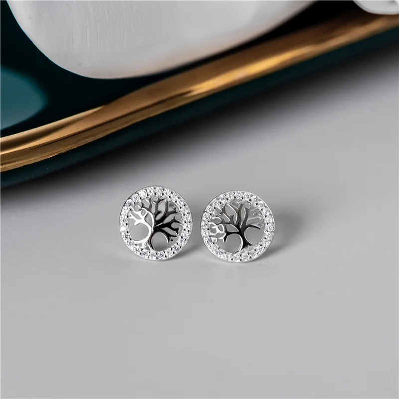 

925 Sterling Silver Mini Rhinestone Tree of life Stud Earrings Tiny S925 Crystal Tree Stud Earrings for women girls, As pictures