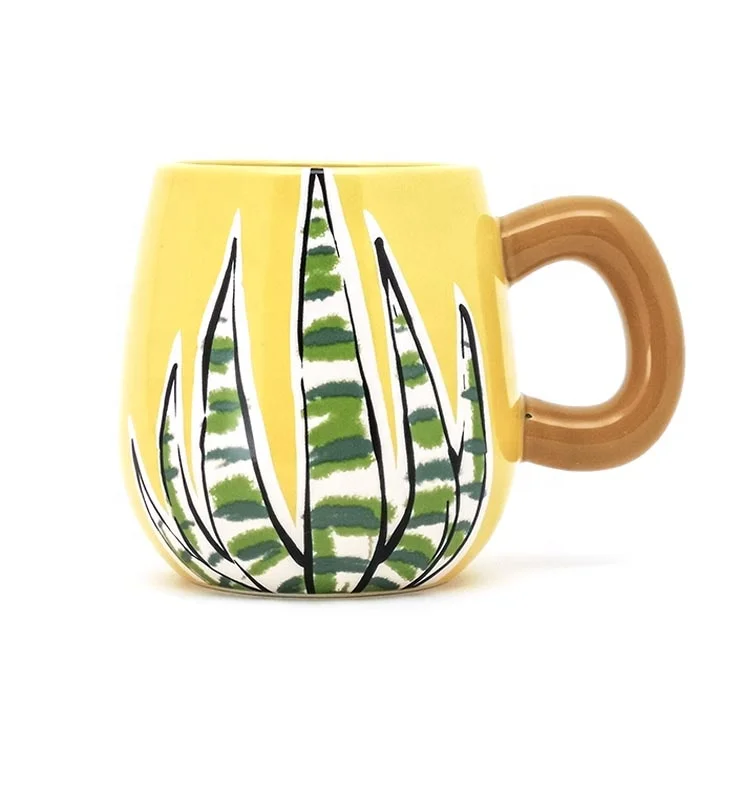 
Oval shape 16OZ ceramic stoneware smart coffee mugs plants mug yellow grey for gift 
