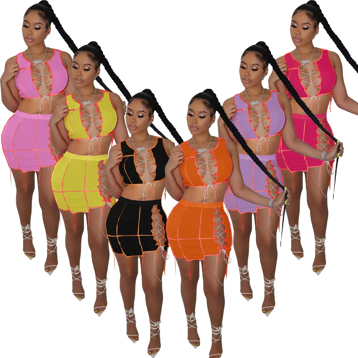 

Two Piece Sets summer Sleeveless Women'S Set Outfits Cut Out Crop Tops Mini Skirt Set Tracksuit