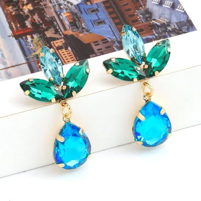 

2020 Simple Design Eardrop Blue Rhinestone Crystal Water Drop Dangle Earrings Green Gemstone Flower Petal Drop Earrings
