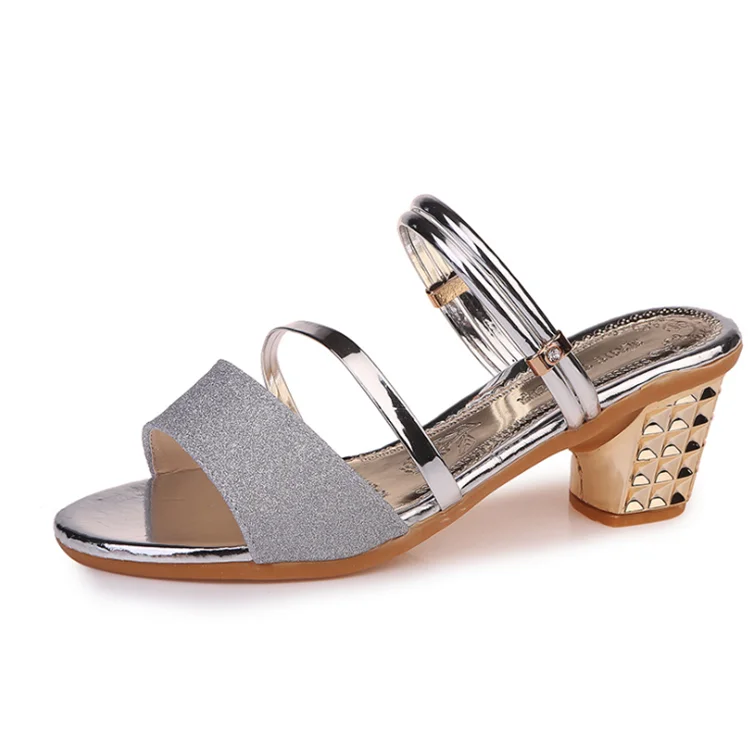 

Summer edition of the new south Korean sandal women's high heel bright leather square heel women's shoes, Gold, silver,black