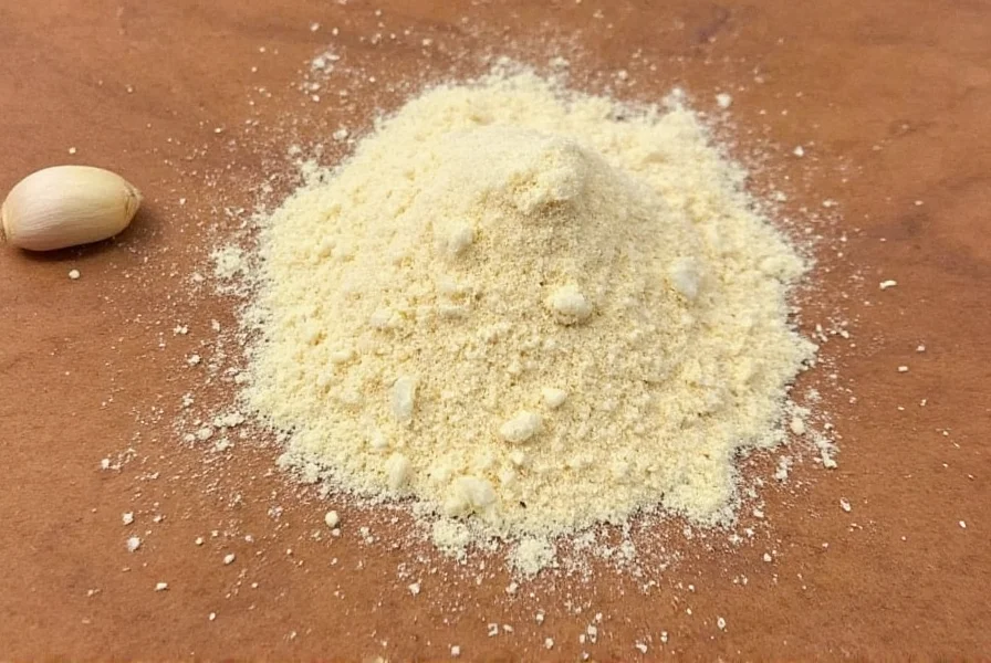 Garlic powder container next to fresh garlic cloves showing measurement comparison