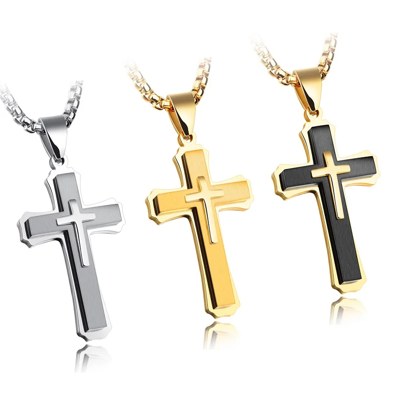 

Big Titanium Steel Cross Pendant Necklace for Men Teen Boys Jewelry Three Layers Jesus Cross Crucifix Necklaces with Box Chain