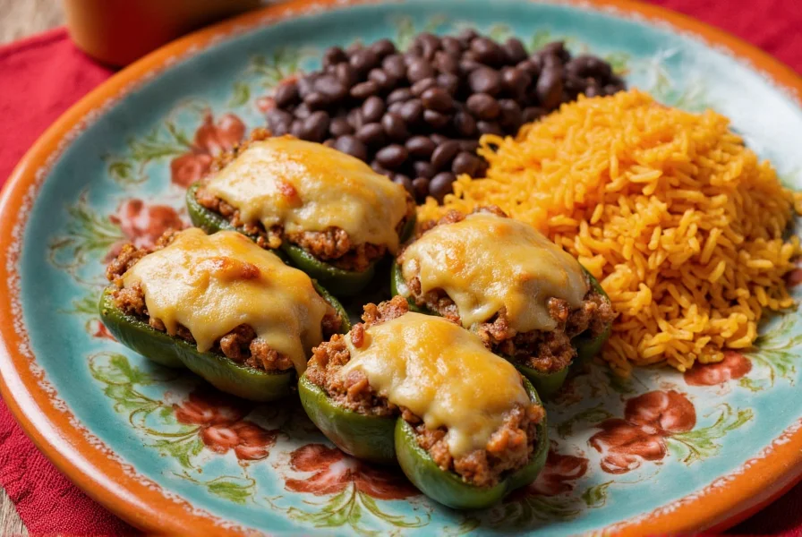 Four beautifully plated stuffed poblano peppers with melted cheese oozing out, served with Mexican rice and black beans on a traditional Talavera plate