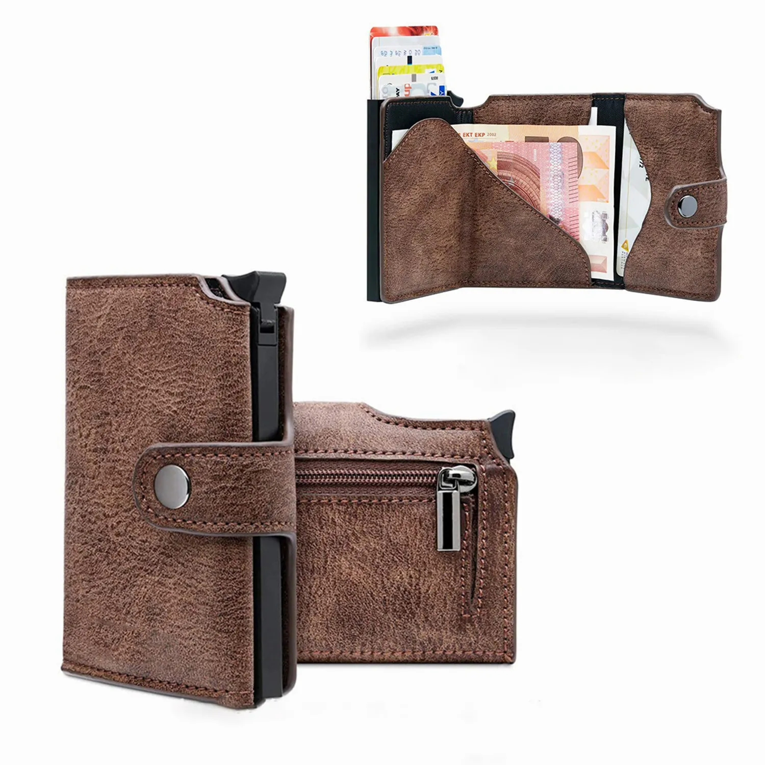 

2023 New Retro Crazy Horse Pu Aluminum Alloy Automatic Card Holder Metal Mens Bifold Wallet With Steel Money Clip Men