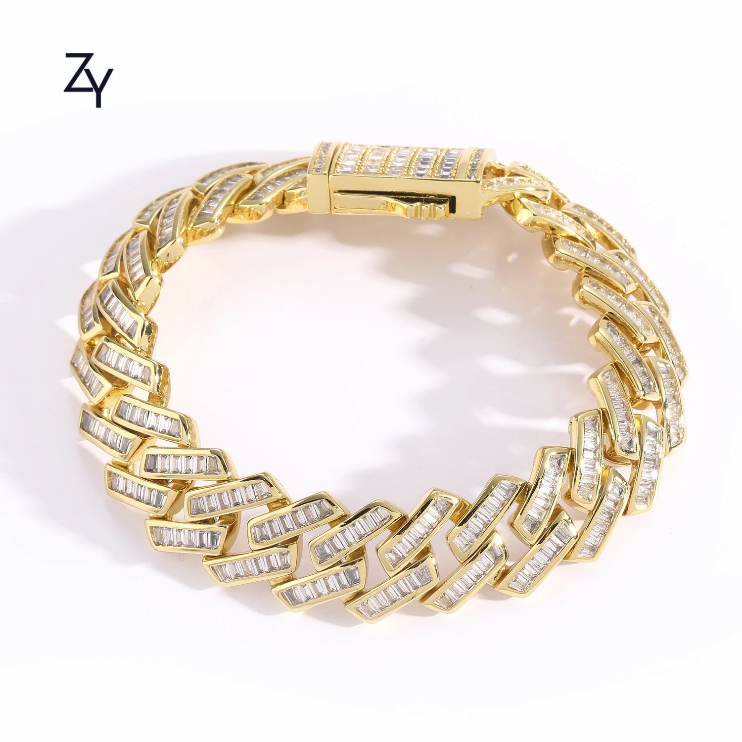 

Hot sale Amazon Luxury 16 mm iced out CZ Emerald Cutting Cuban link chain 18K Gold plated Brass Bracelet For Men Hip hop gift