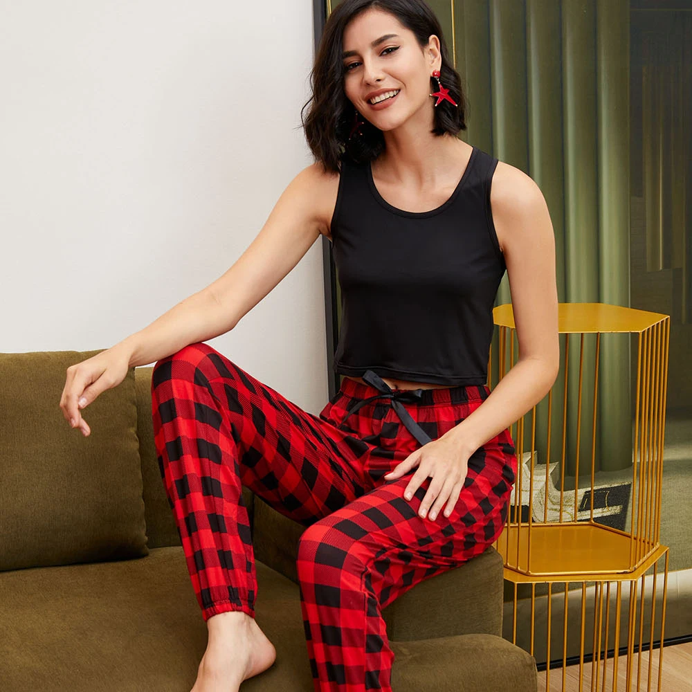 

Summer short camisole sleeveless sleepwear pajams jersey pyjamas women nighty suit two piece adult female ladies pajamas set, Black