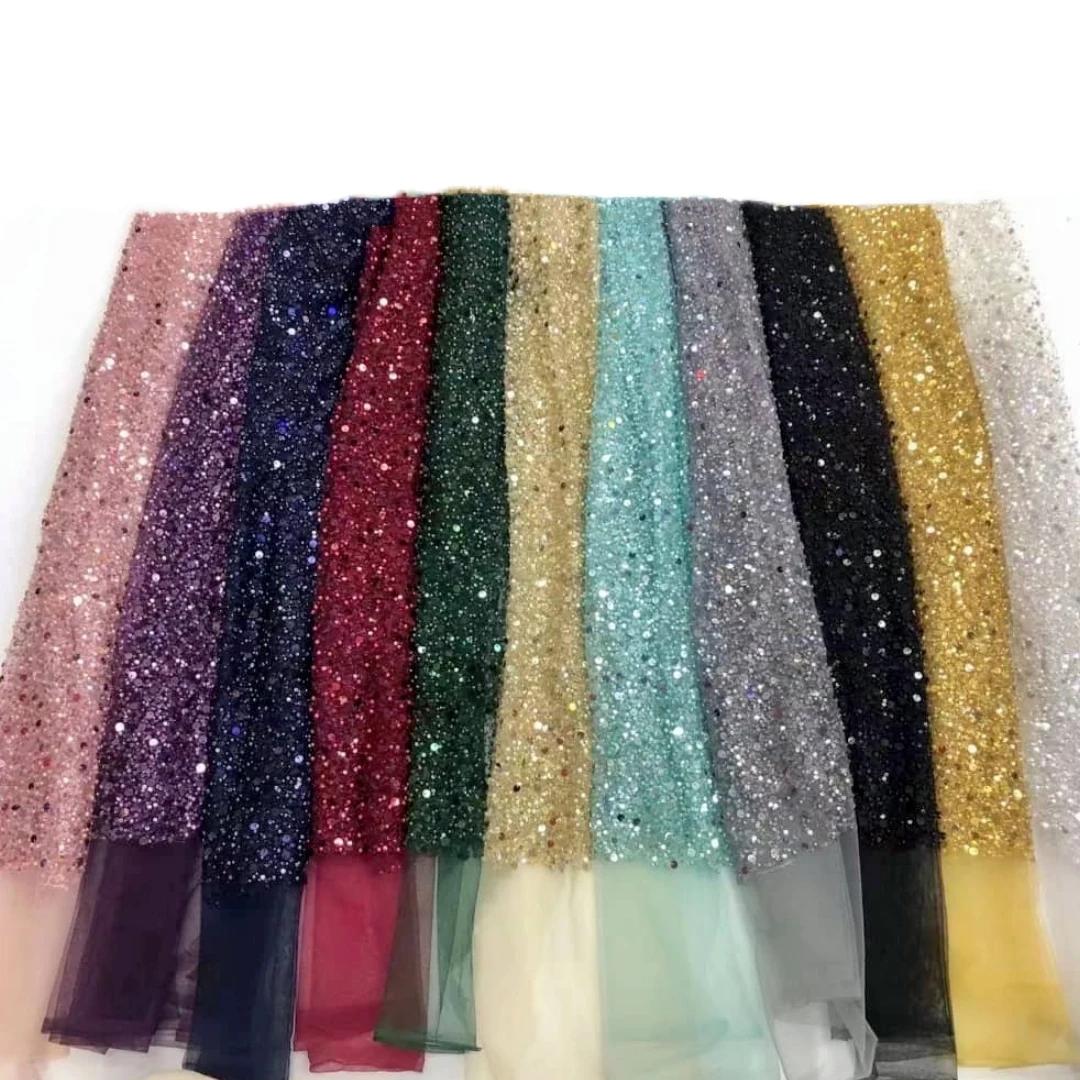 

latest african bridal lace fabric sequin beaded embroidery, As image