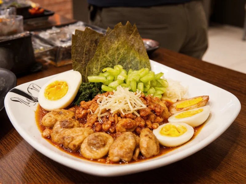 Assortment of ramen toppings including soft-boiled eggs and pickled vegetables