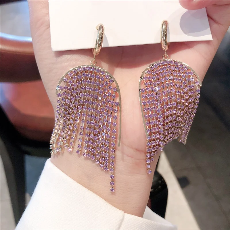 

Exaggerated Purple Color Spark Rhinestone Dangle Earrings for Women Gold Color Alloy Tassels Hanging Drop Earrings Party Jewelry, Picture shows