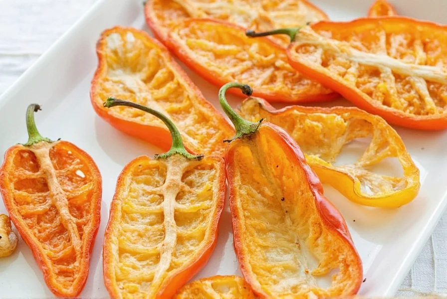 Dried red yellow green bell peppers on wooden table