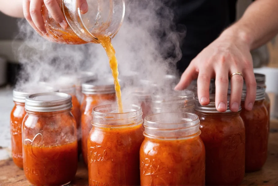 Hands pouring steaming pepper jam into sterilized mason jars during canning process