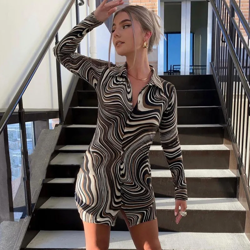 

Fall 2022 Women Clothing Outfit Wrap Bodycon Sexy Long Sleeve Turndown Collar Wave Print Midi Shirt Dresses Lady Fashion Dress, Customized color
