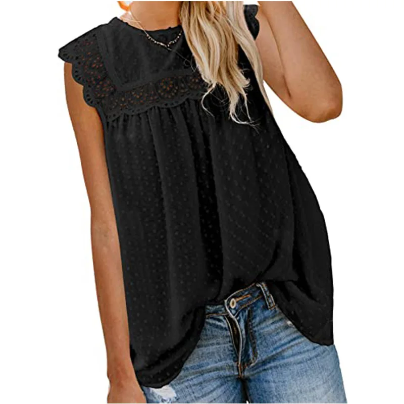 

Women's Spring Blouses & Shirts Round Neck Lace Crochet Pompom Vest Shirt womens fashion shirts for women tops