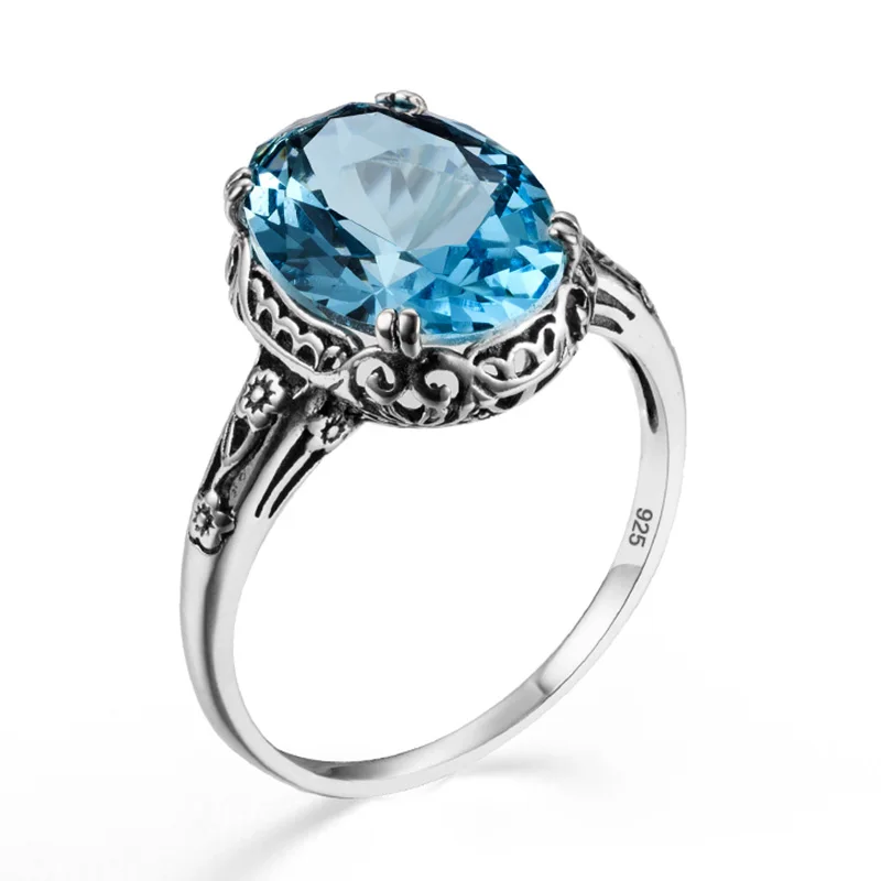 

Gothic Retro Woman Aquamarine Ring 925 Sterling Silver Wedding Promise Mom Wife Christmas Gift Blue Gemstone Ring Fine Jewelry