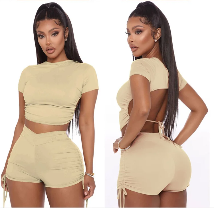 

Drawstring Backless Short Sleeve Crop Top Summer Biker Short 2 Piece Short Set Women Biker Short Set, Customized color