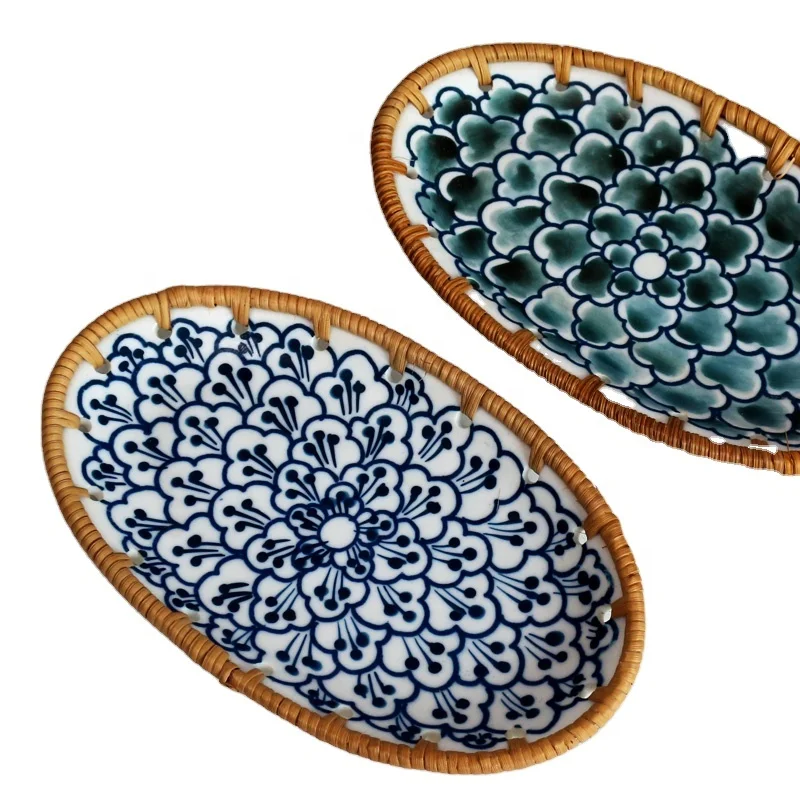 

Hot sale new Vietnamese rattan small tray dinner plate oval dim sum handmade rattan tray, Yellow