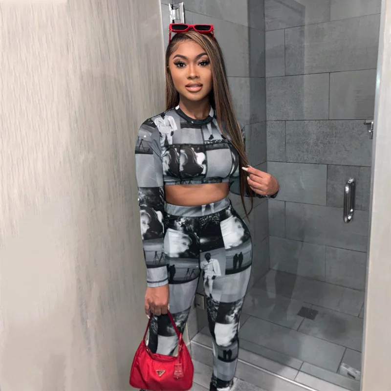 

Spring Women's New Spring T-shirt With Print Fashion Mesh Printing Two-piece Casual Suit 2 Piece Set Women