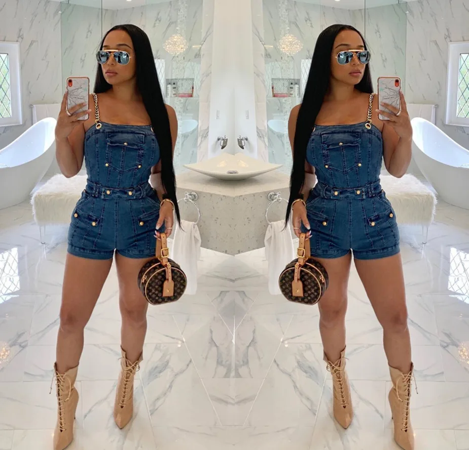 

2020 New personality gold chain shoulder strap strapless halter belt denim jumpsuit shorts, Red, black, gold