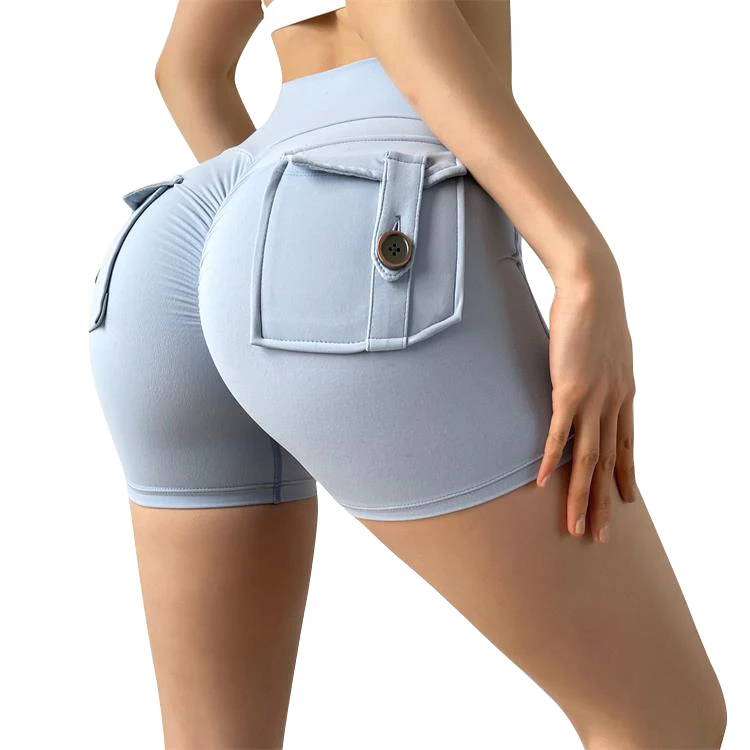 

Women High Rise Soft Quick Dry Butt Lift Compression Scrunch Booty Shorts With Flap Pockets, Customized color