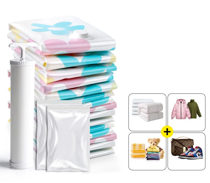 

ZQ83 Vacuum Compression Storage Bags with Hand Pump 11pcs Set Travel Vacuum Storage Bags Space Saver Compression, As pic