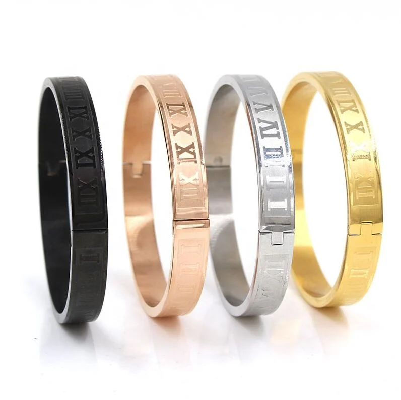 

High Quality Gold , Silver, Rose Gold , Black Roman Numerals Stainless Steel Bangle Bangles, Bracelet Bracelets for Men Women