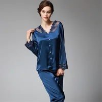 

Wholesale Long Sleeve Pajamas satin silk Sleepwear sexy women lace PJ Set For Ladies