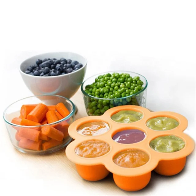 

7 Hole Cavity Egg Bites Mold Silicone Baby Food Storage Container with PP lids, Any color