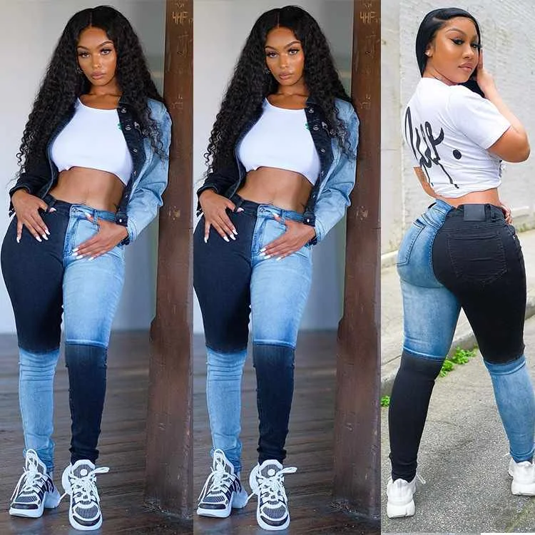 

Autumn Winter Stitching Contrast Denim Pencil Pants Skinny High Waist Stretch Jeans Women