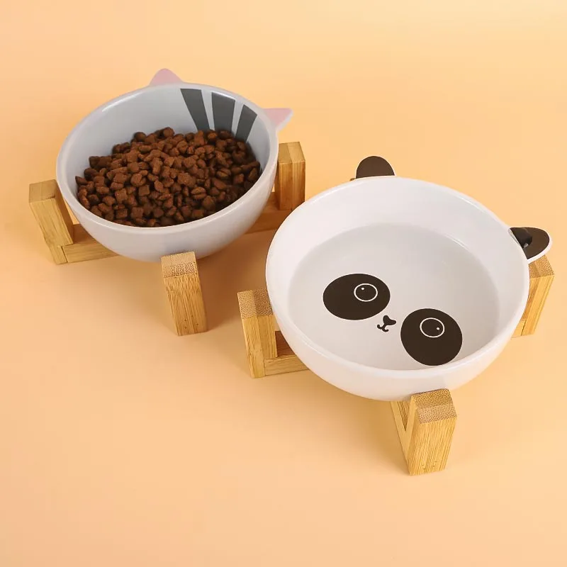 

New Cartoon Binaural Easy To Clean Pet Bowl Bamboo Frame Feeding Bowl Cute Porcelain Cat Dog Food Bowl