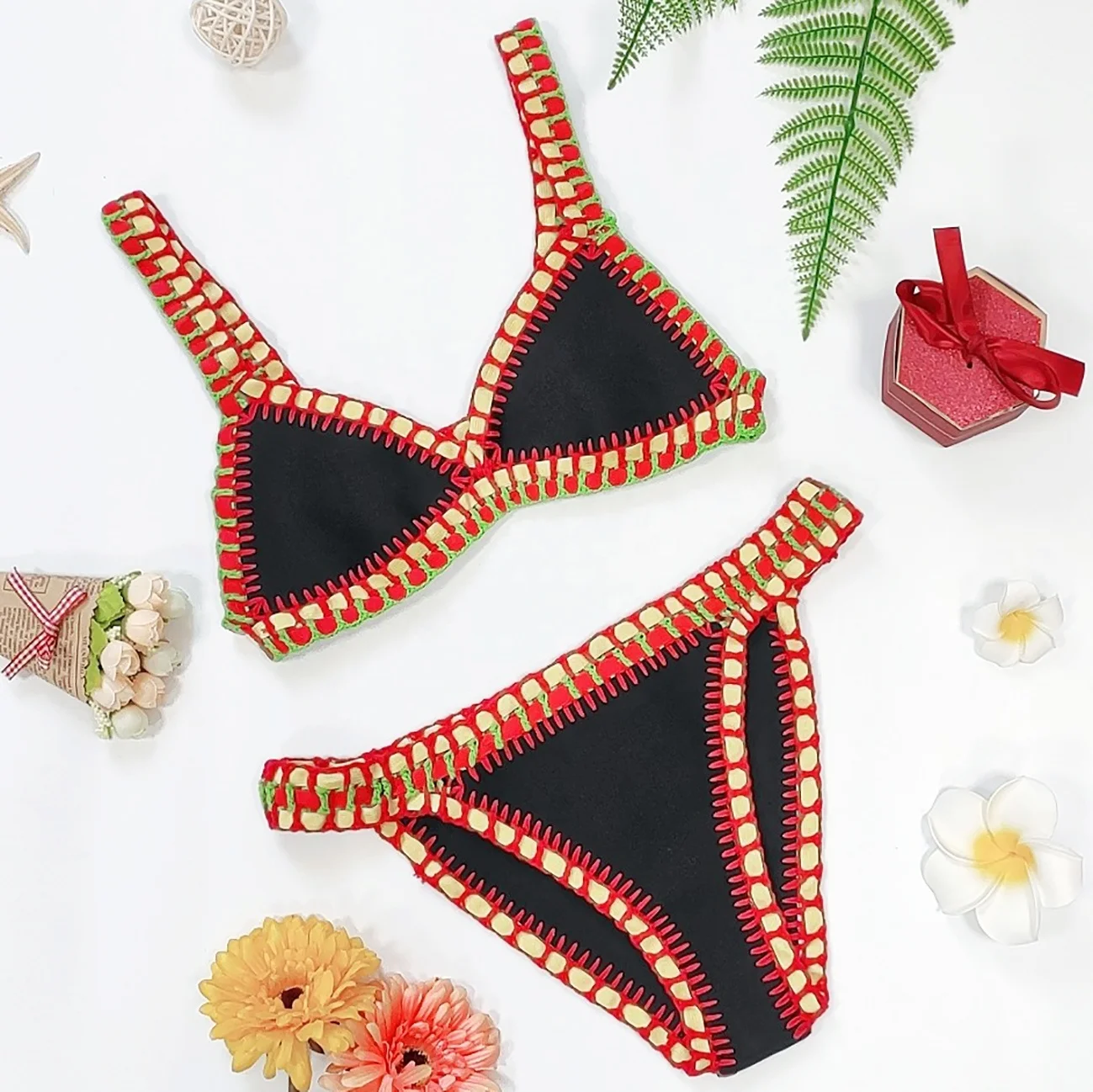 

Ladies two piece neoprene bikini set multicolor new fashion swimwear crochet trim handmade knitting sexy bikini 2021, As picture or customized