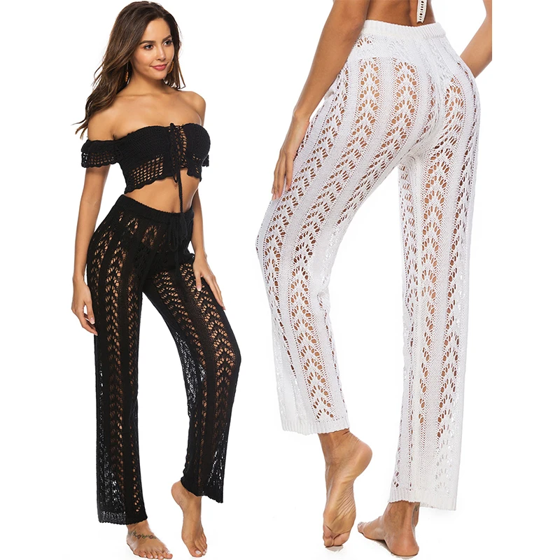 

Free ShippingWomen Sexy Hollow Out Loose Long mesh yarn perspective Pants Beachwear Trousers High Waist Style Wide Leg Pants, Customized color