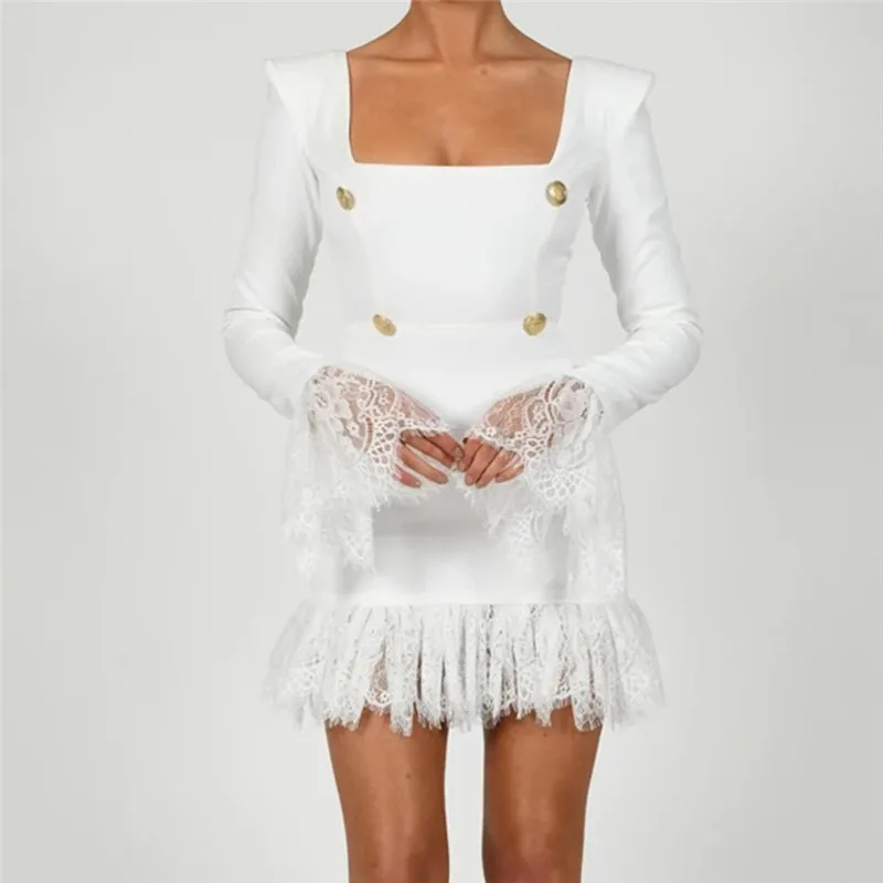 

C2422 Wholesale White Flare Sleeve Square Collar Lace bodycon Woman Mini Dresses