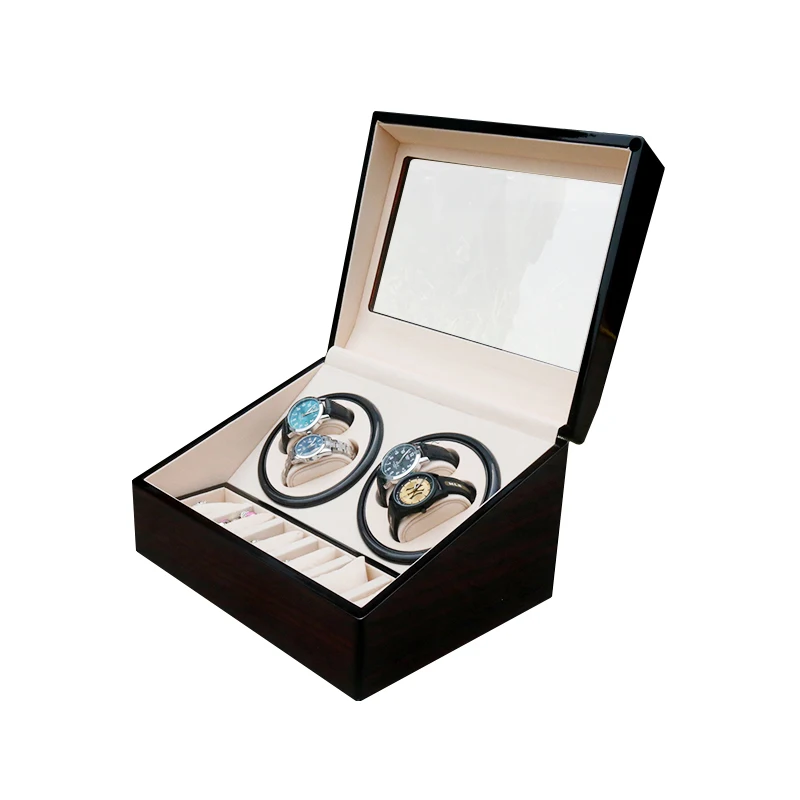 

Wholesale Automatic Luxury Lacquer Watch Winder 4 Slot Jewelry Box Motor Display 4 Watches Storage Box