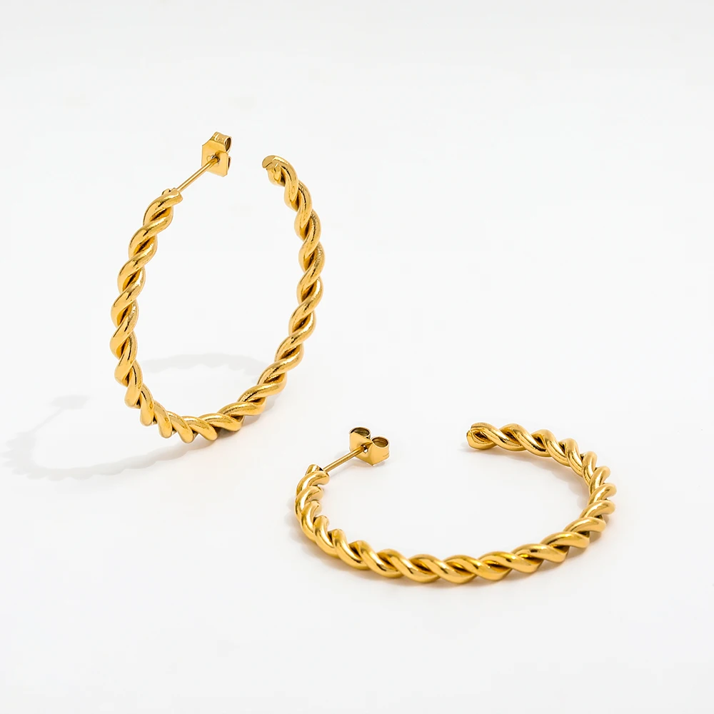

Trendy Fashion Jewelry 18K Gold Plated Twisted Rope Chain Big Stainless Steel Hoop Earrings for Women